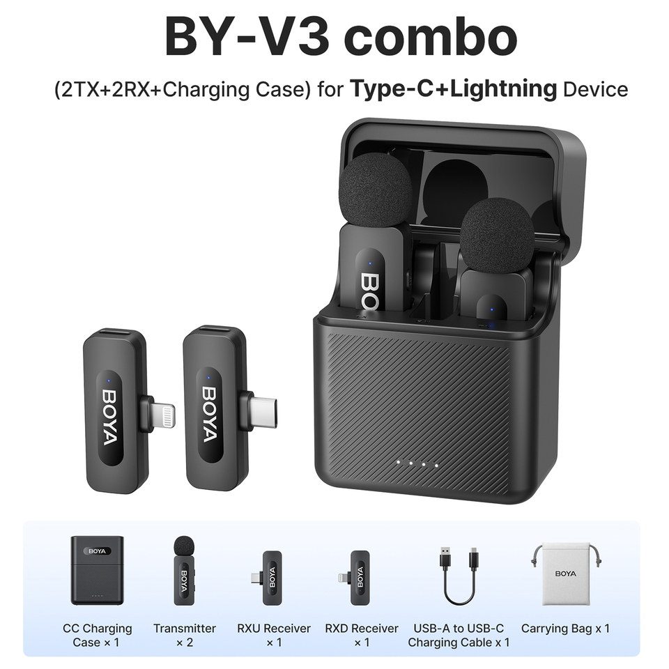  BOYA BY-V3 Wireless Lavalier Lapel Mirophone Noise-cancelling Rechargeable Mic for iPhone Android Camera Live Streaming Vlogging 