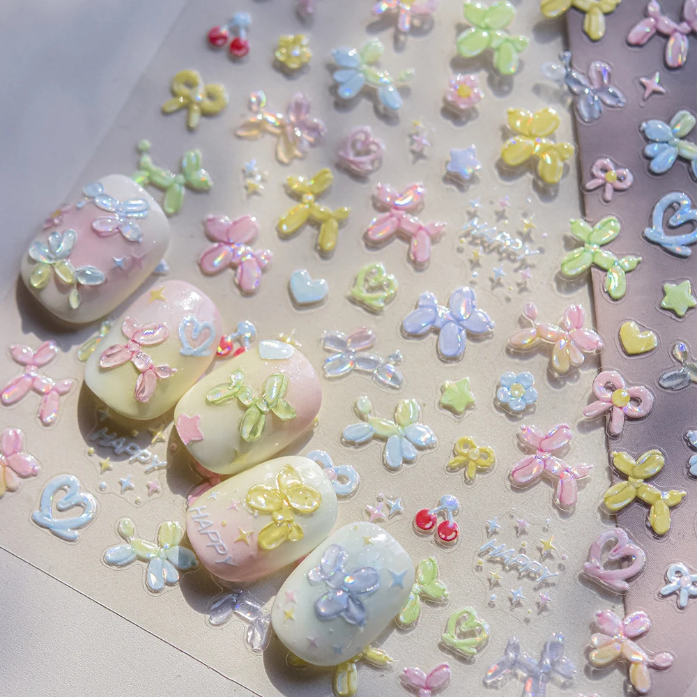 カラフルな風船かわいい子犬の花桜ちょう結び愛ハッピー犬動物自己粘着ネイルアートステッカー装飾マニキュアデカール