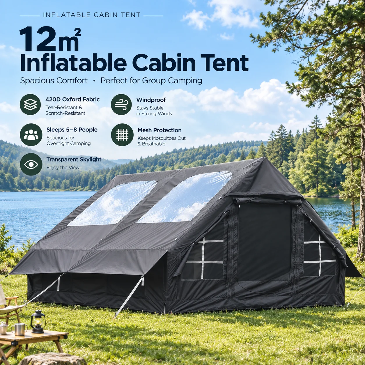 Inflatable Tent for Camping 8-12 Person,Family Glamping Tent with PVC Skylight,Pump Included,Hot Tent,Blow up Tent,Air Tent