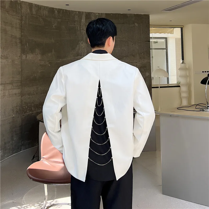 Back Split Suit Jacket Men Solid Color Metal Chain Decor Blazer Spring Chic Loose Casual Black Male Handsome Stylish Blazers