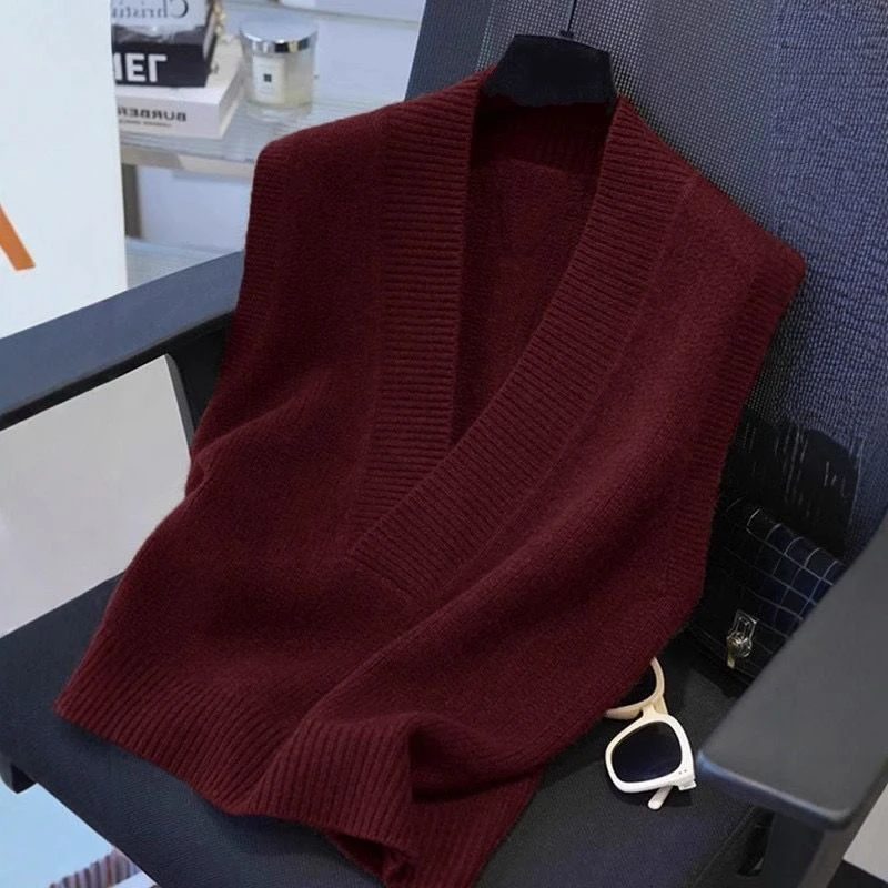 Fashionable V-Neck Loose Knitted Vest Women's Base Shirt Commute Top Lazy Style Ladies' Tank Top Polyester Fiber 100%