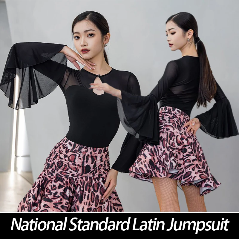 National Standard Latin Jumpsuit Women Latin Dance Tops Long Sleeves Leotard Ballroom Cha Cha Modern Dance Jazz Bodysuit