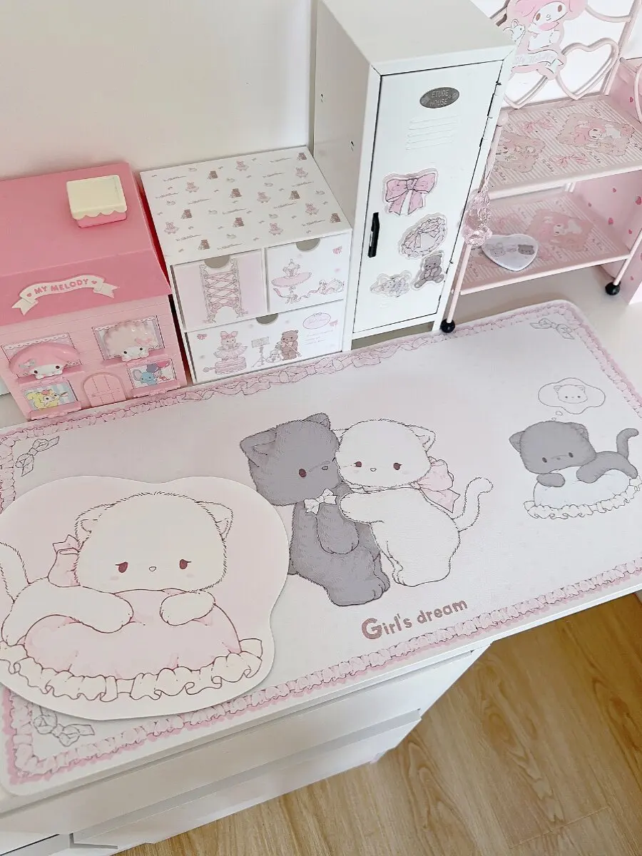 Tapis de bureau en cuir rose dégradé, motif chaton Y2K, tapis de souris doux, tapis de bureau antidérapant en PU