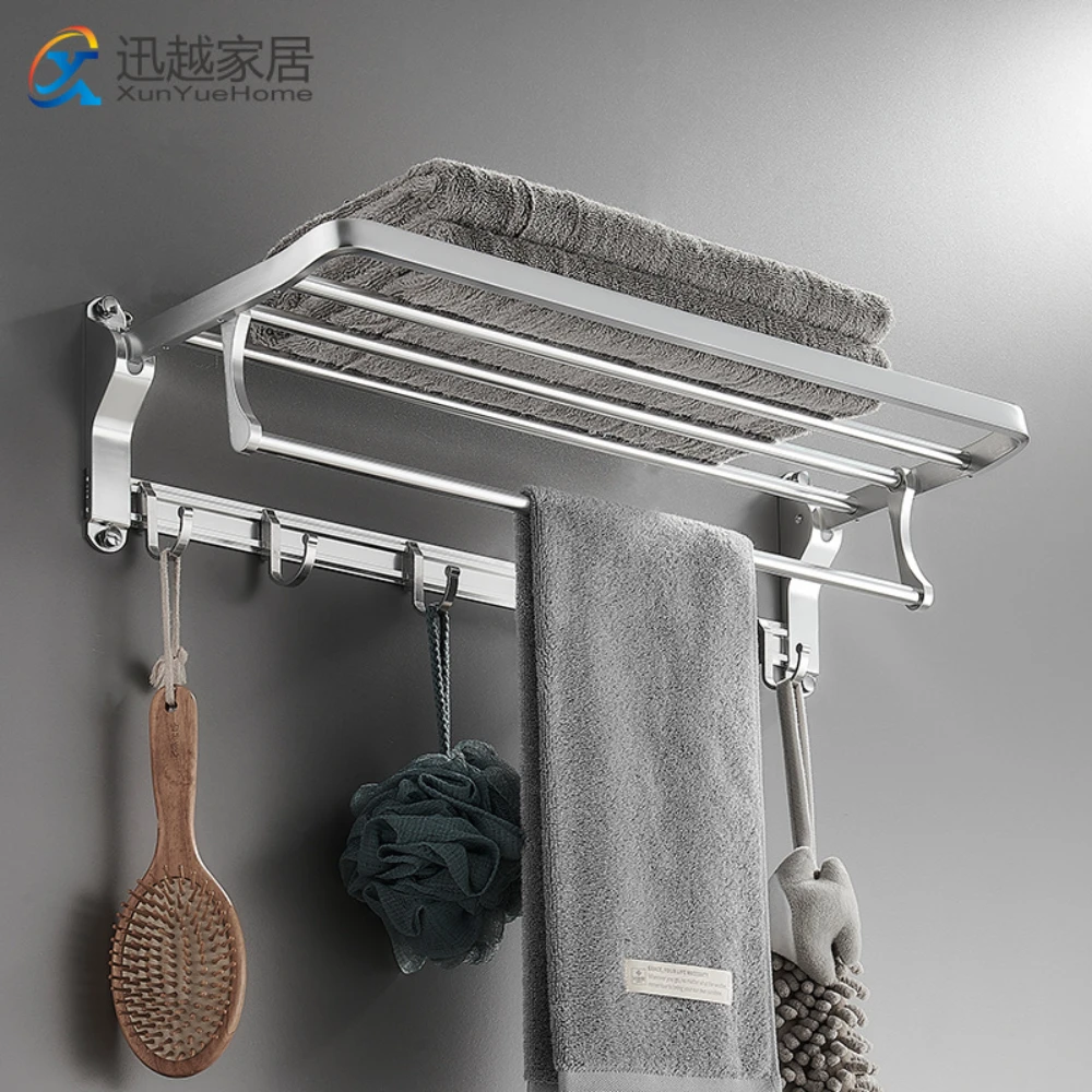 

Bath Towel Rack 60cm Silve Aluminum Shower Holder Wall Organizer Hook Hanger Folding Shelves Bathroom Accessories