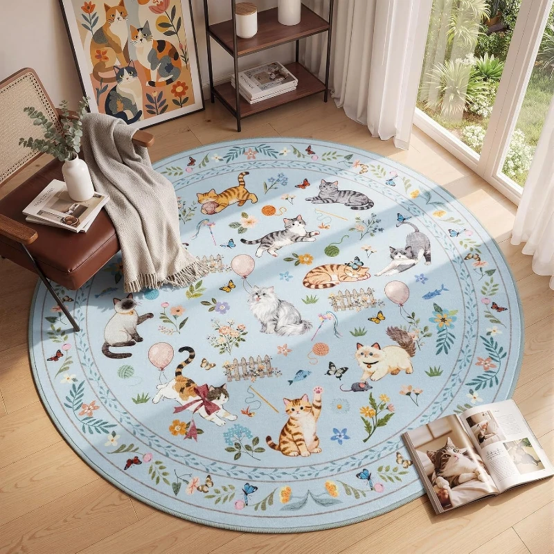 Round Living Room Carpet Machine Washable Non-slip Soft Floor Mat Black Cat Rug Bedroom Bedside Carpets Home Decoration Alfombra