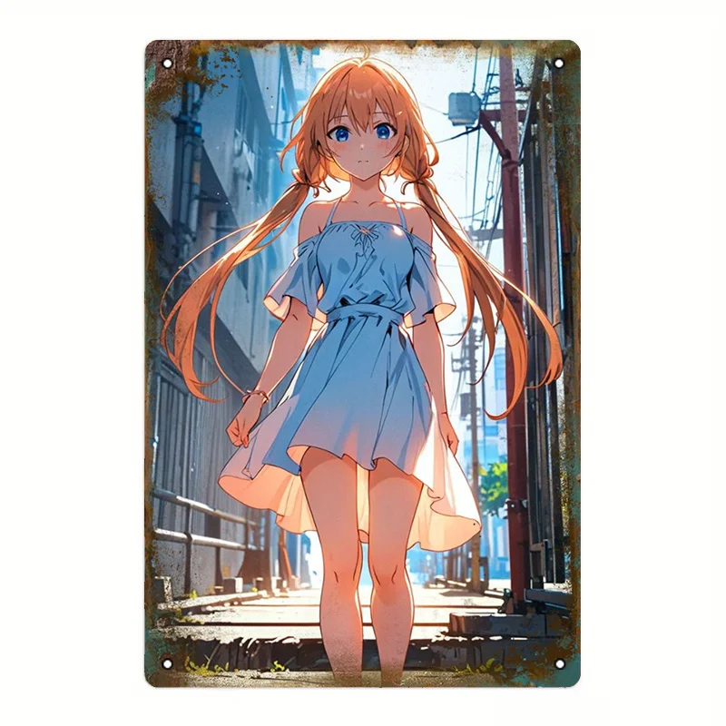 Anime Girl Summer Dress Metal Sign 8x12 Retro Wall Art Bar Cafe Decor Gift