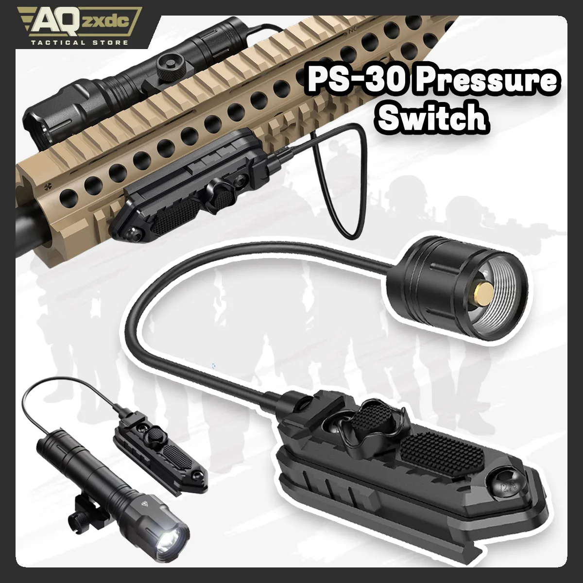 Tactical Flashlight PS-30 Pressure Switch 3 Modes - High/Low/Strobe for FL Series Compatible with Mlok and Picatinny Rail System