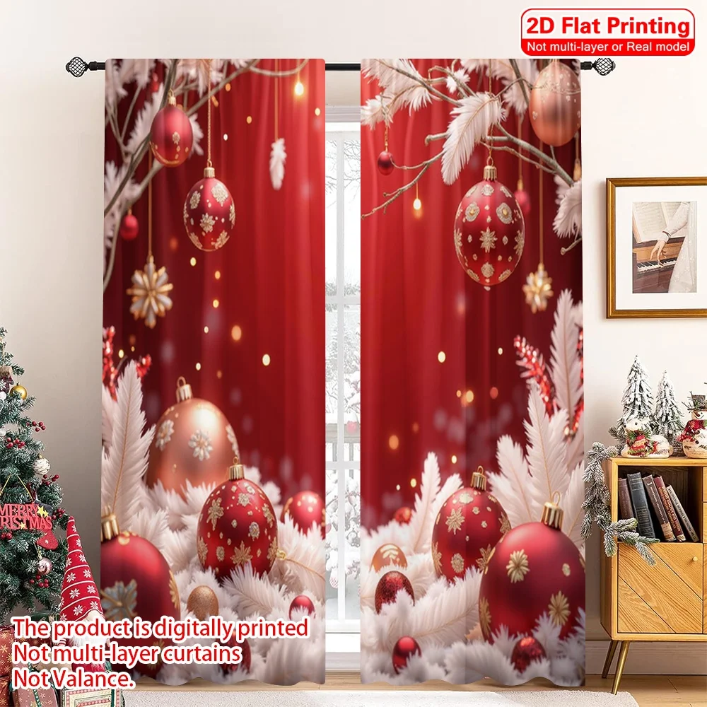 

2pcs 2D flat printing Christmas Scene Curtain Red Christmas Ornaments Stars 100% Polyester Without Electricity Holiday