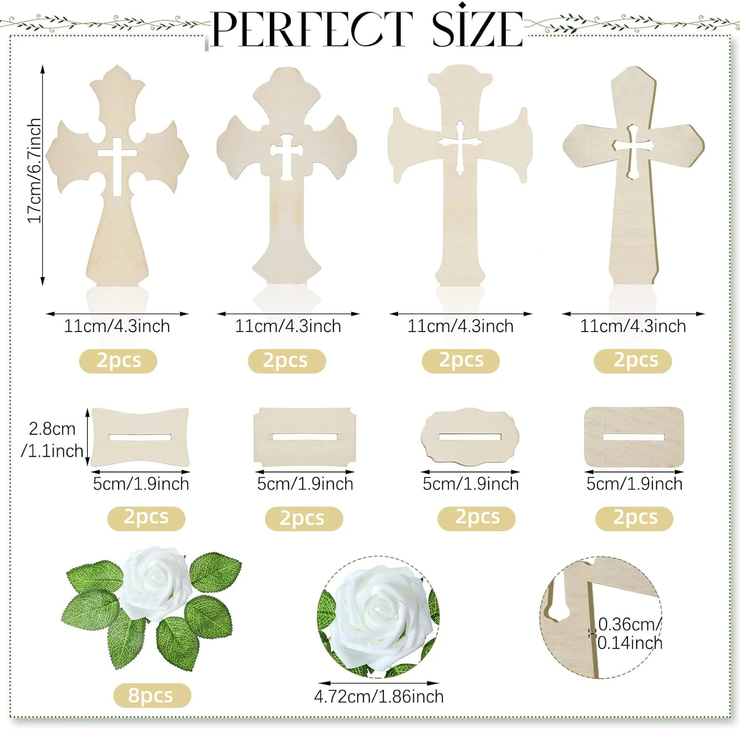 8PCS Wooden Cross with Base and Artificial Flower Fake Rose First Communion Centerpiece Wedding Home Decor (Wooden) Crafts