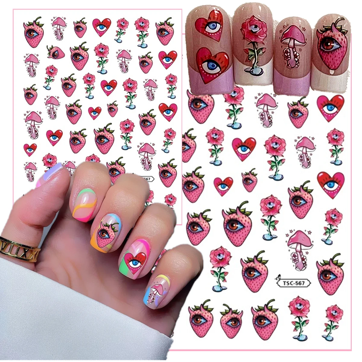 Big eyes pink mushroom Design Nail Art Stickers Self Adhesive Nail Art Decals For Nail Art Decoration, Nail Art Supplies TSC-567