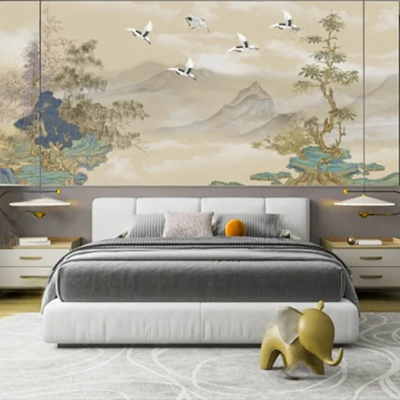 Custom Chinese Ink Landscape Wall Mural Hand-Painted Mountain Decor Background Painting for Living Room Nature Scene Wallpaper