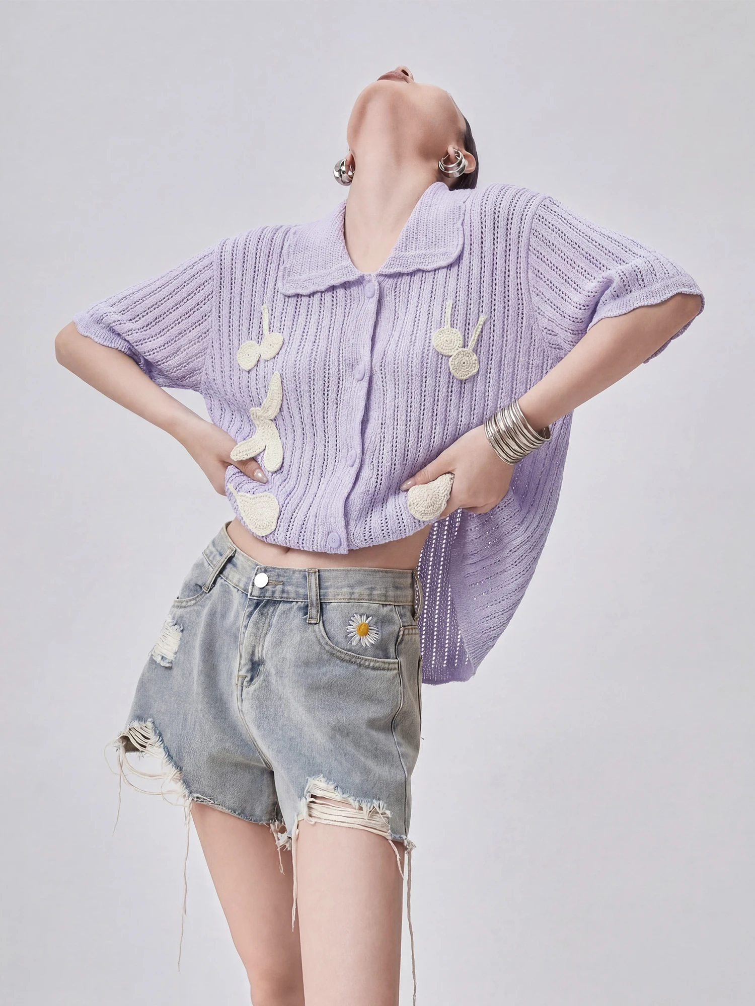 

Ретро-кардиган в повседневном стиле с вышивкой вишней, короткий рукав, вязаный, с открытым воротником, ажурный, фиолетовый топ, премиум-качество