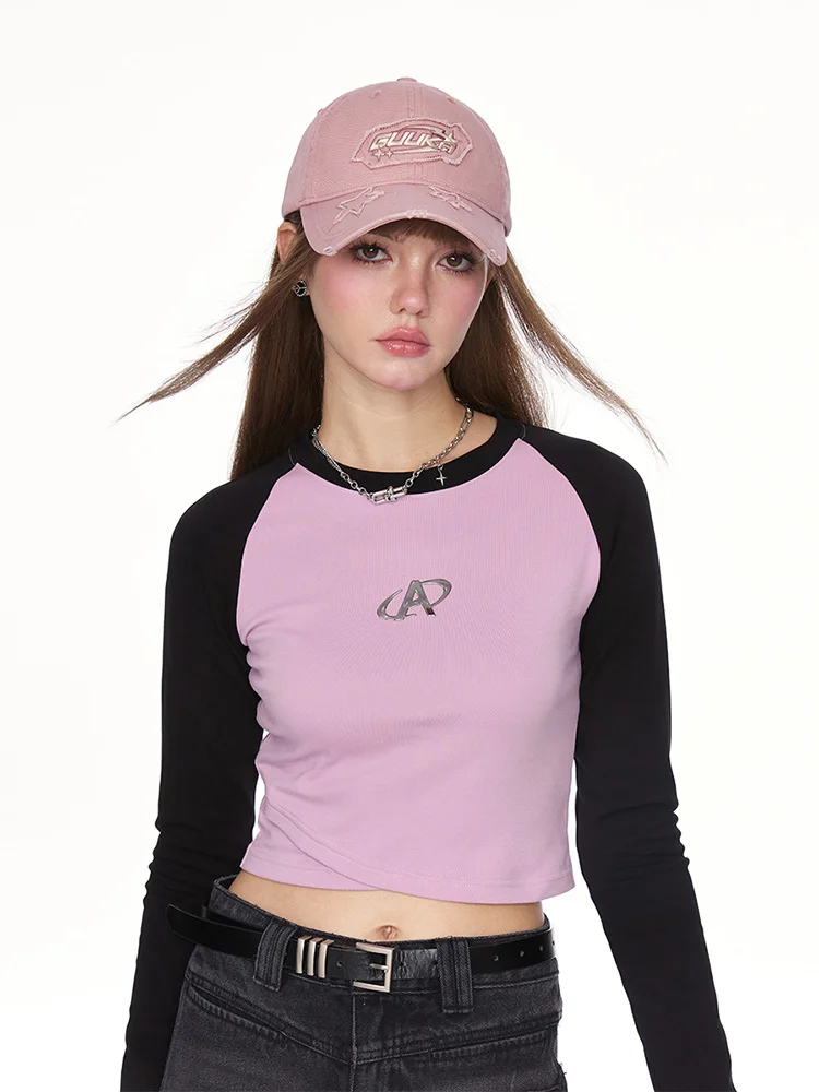 Guukahero Women's Slim Fit Short Sleeve T-shirt Long Sleeve Contrast Color Shoulder Insert Design Sweet Style Cotton Blend Top