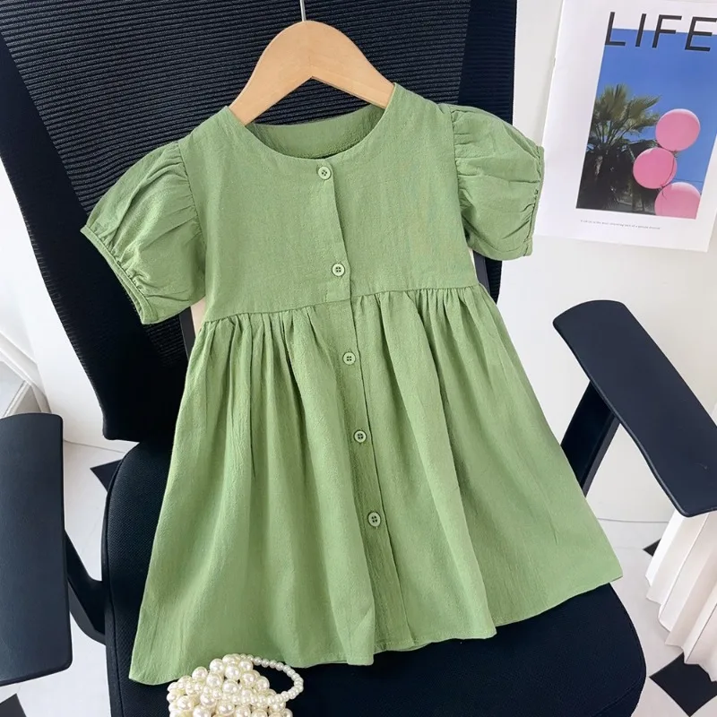 Girls Puff Sleeve Dress Summer New Solid Color Princess Dress Simple Cotton Dress for Toddlers Versatile and Breathable Dress