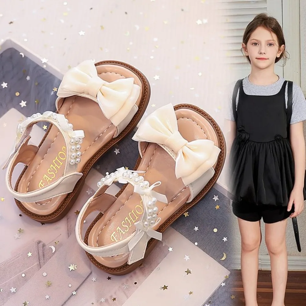 Kids Beading Strap Sandals for Girls 2026 Summer Non-slip Sole Toddler Beach Shoes with Cute Bow Princess Elegant Party Footwear