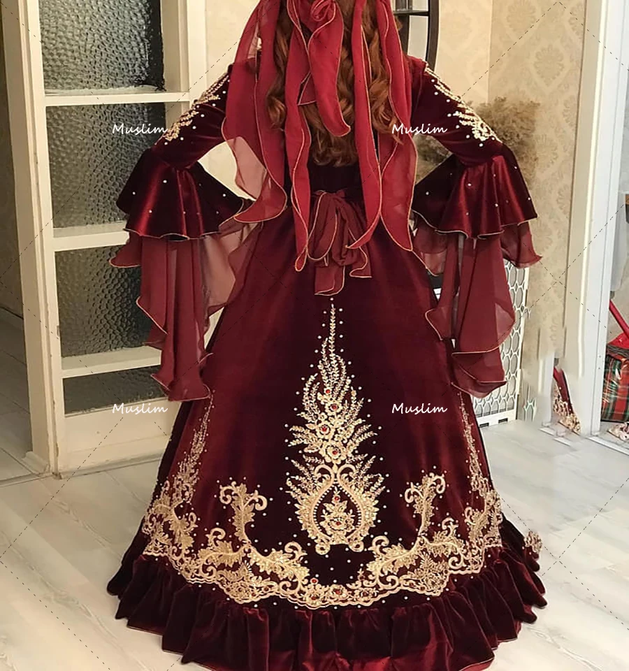 Abaya Burgudy-caftán marroquí de lujo, vestido de noche con mangas abullonadas, terciopelo, perlas, cuentas, encaje, musulmán, para fiesta de graduación, Israel, 2023