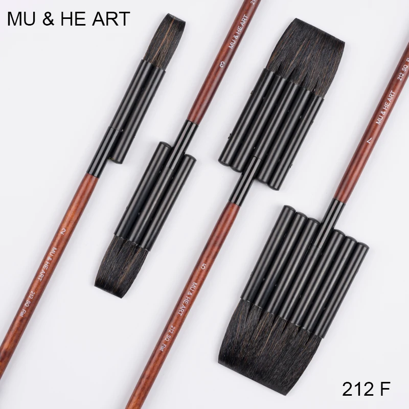 Squirrel Hair Mix Flat ABS Plastic Tube Wooden Handle Professional Watercolor Artist Brush Traditional Design 212F MU & HE ART