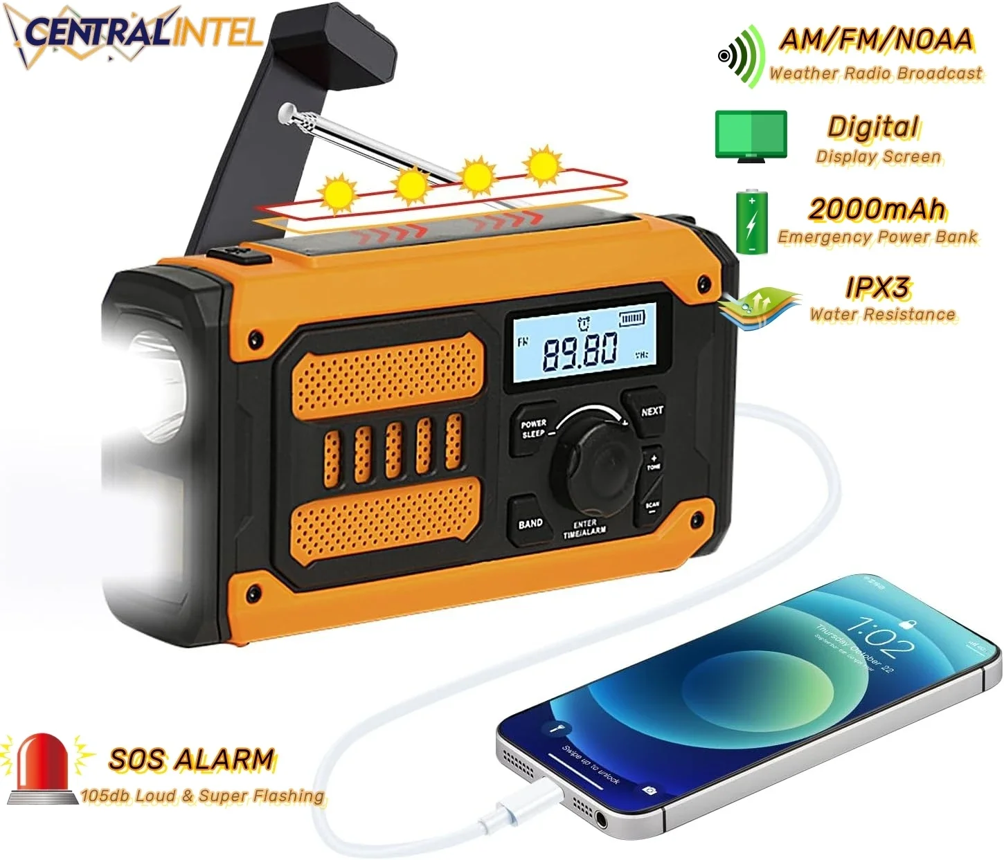 CENTRALINTEL Solar Emergency Radio Portable AM FM NOAA Weather Radio Hand Crank SOS Outside Radio 2000mAH Cell Phone Charger