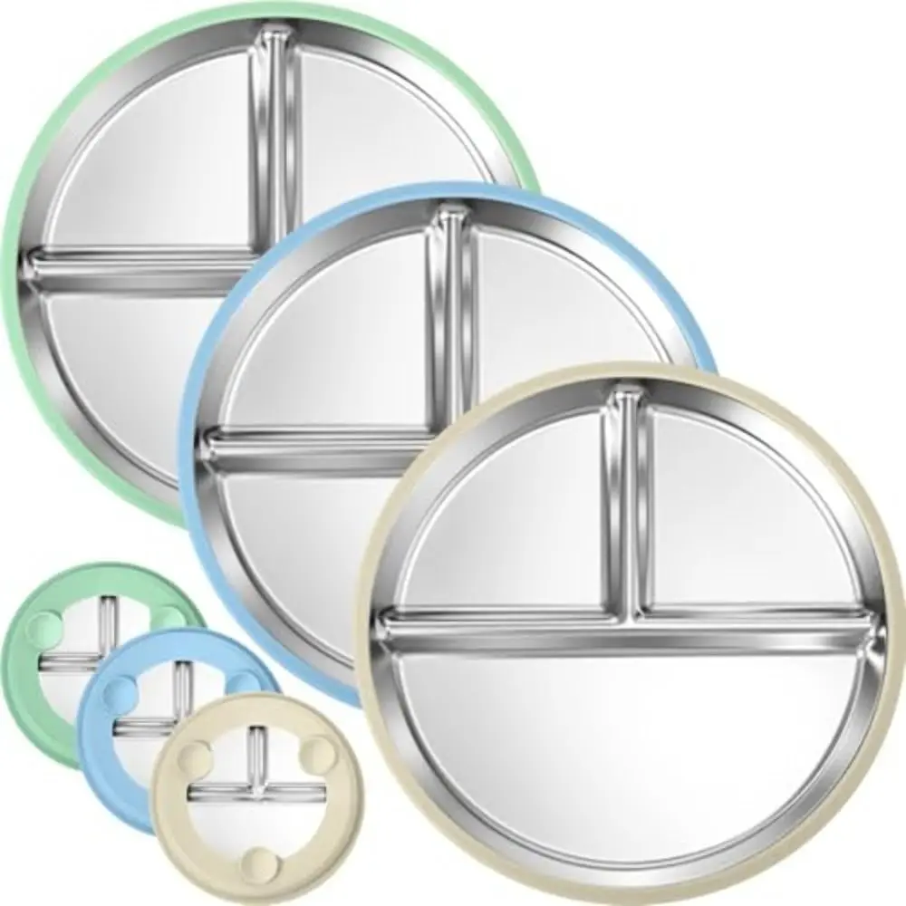 

Stainless Steel Kids Plate with Suction Non-Slip Silicone Sleeves Divided Toddler Baby Plates Anti Breakage 2-in-1 Toddler Bowls