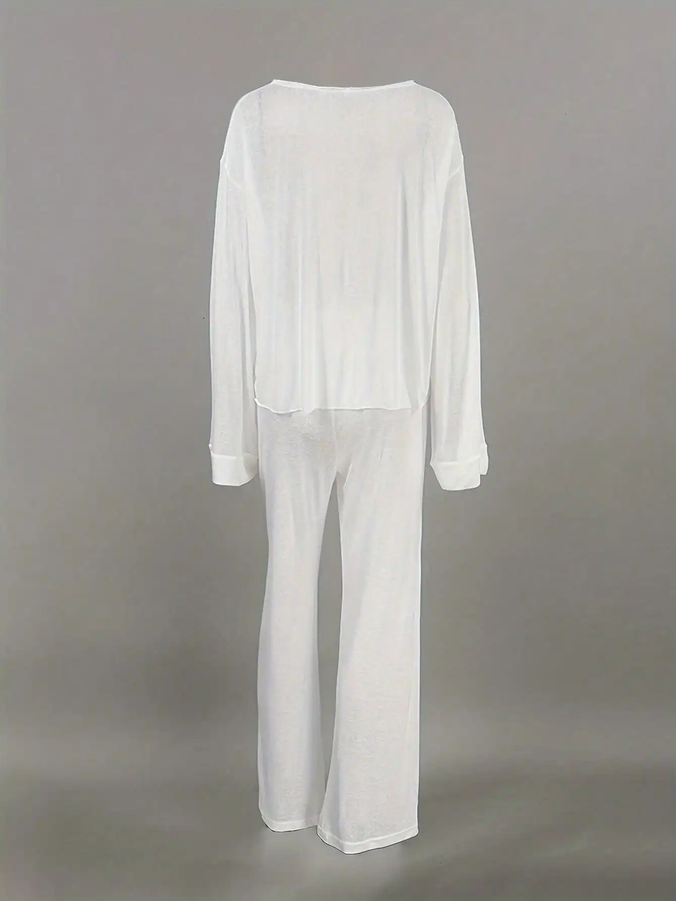 2pcs Women's Sheer Lightweight Sleepwear Set - Round Neck Long Sleeve + Straight Leg Pants, Home/Outdoor