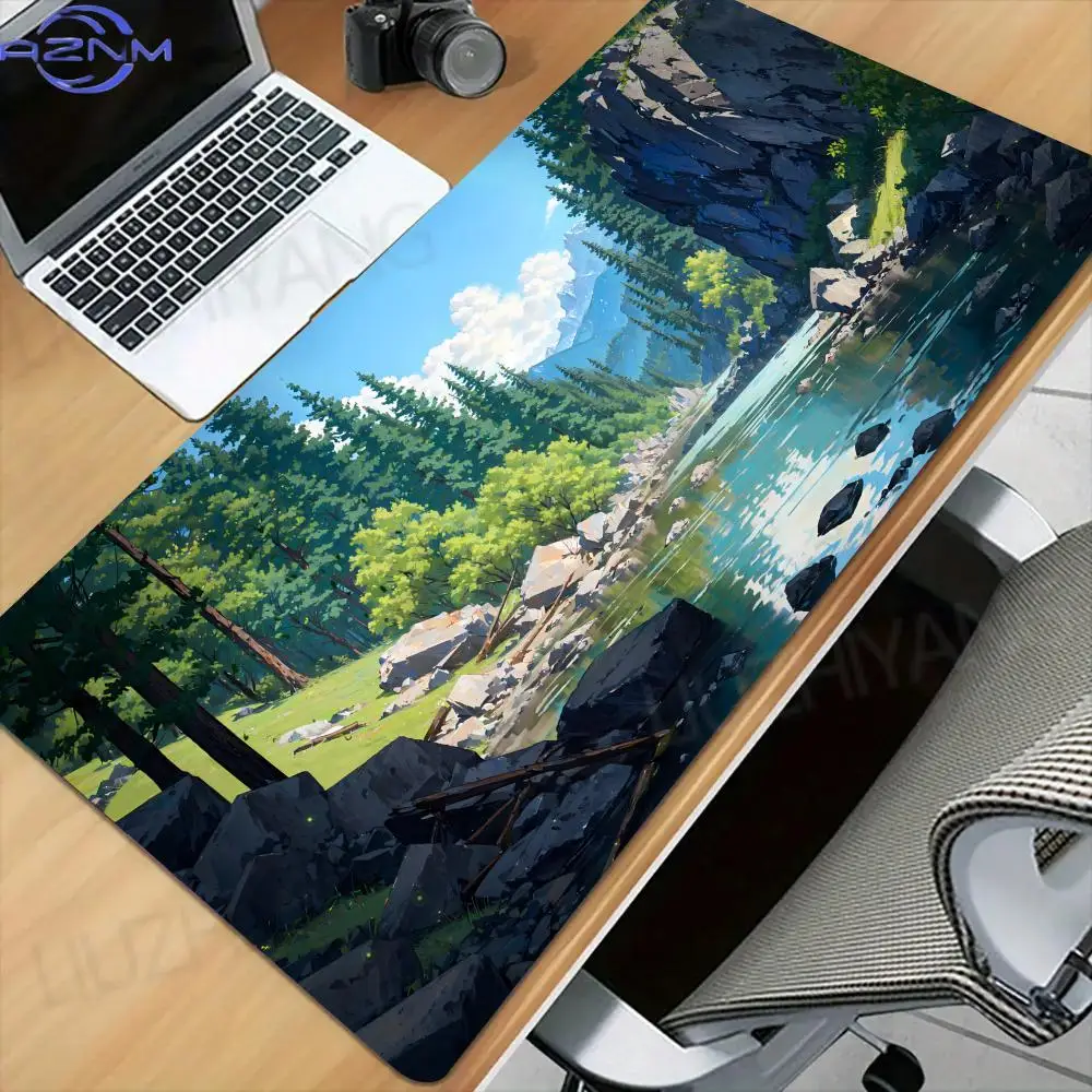 Anime Countryside Scenery Large Desk Mat, Sky Cloud Mountain Road XXL Mouse Pad Non-Slip Stitched Edge Keyboard Gaming Mat