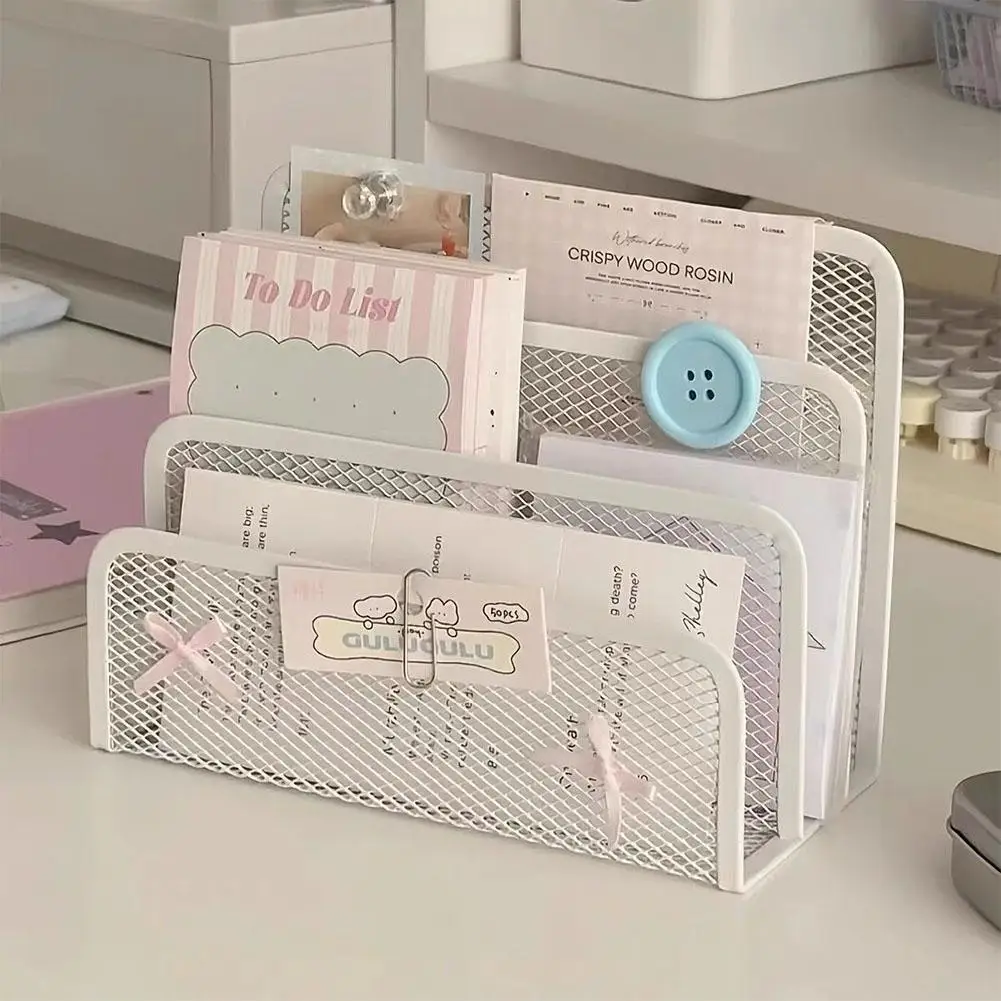 Notebook Stand Rack Office Small Letter Sorter Desktop File Holder Organizer Metal Mesh With 3 Vertical Upright Compartments