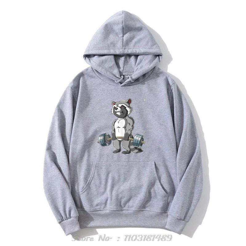 Funny Raccoon Gym Weight Training Deadlift Hoodie Cotton Fitness Pullover Hoody Graphic Oversized Sweatshirt Unisex Men's