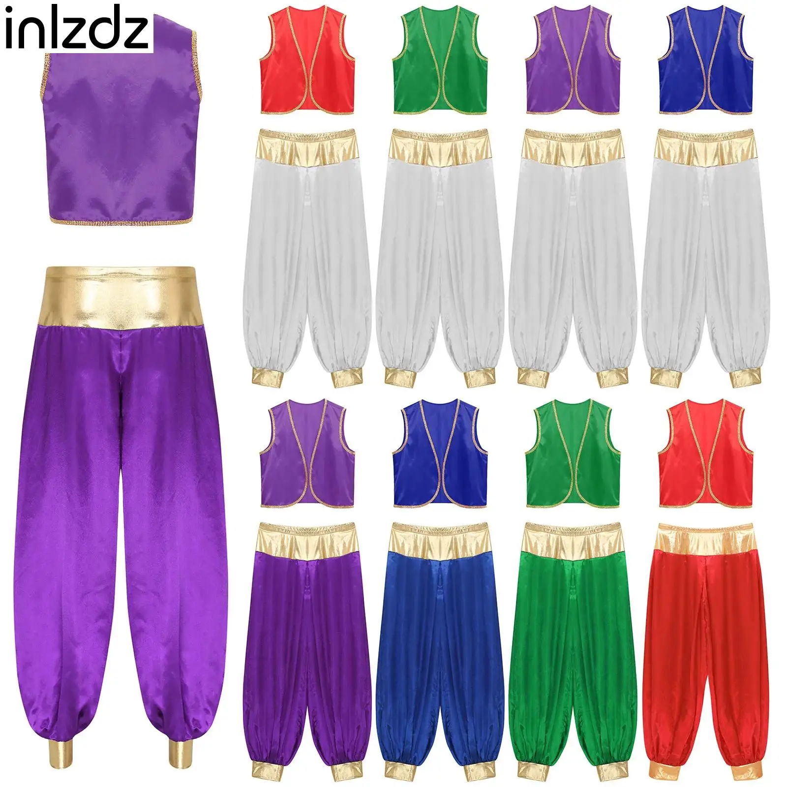 

Men's Indian Arabian Cosplay Costumes Halloween Arabian Prince Stain Vest Shiny Gold Trim Open Front Curved Waistcoat with Pants