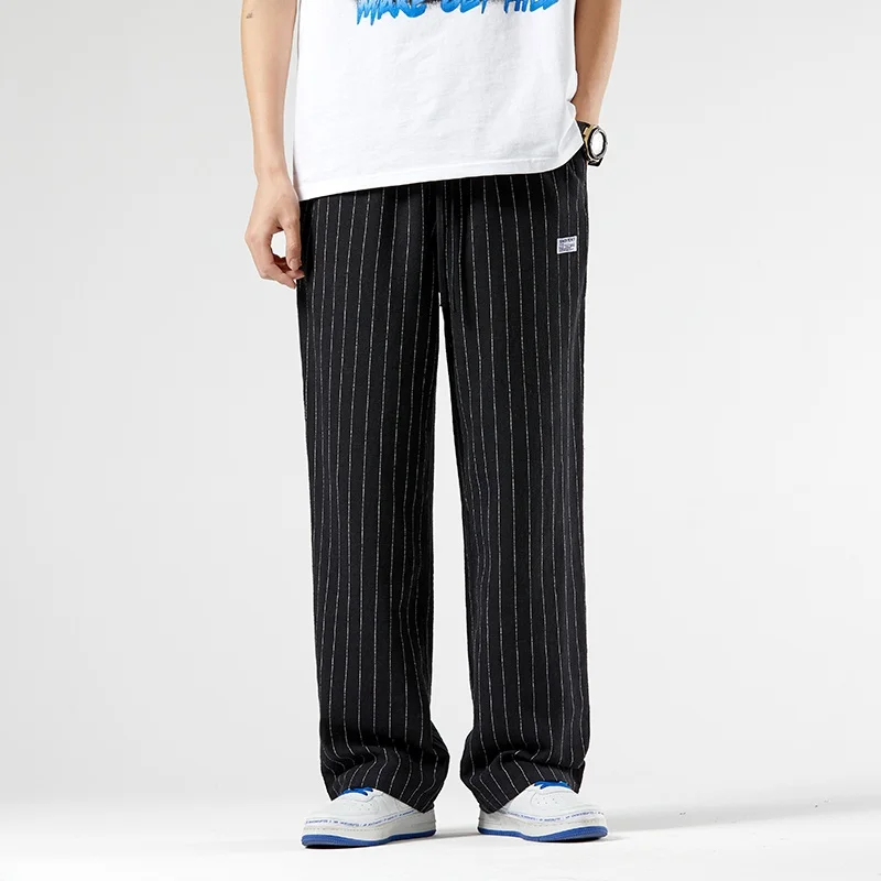 

Летние мужские повседневные брюки большого размера, полосатые, из льна, свободные, прямые, широкие, тонкие, хлопково-льняные, легкие, длинные