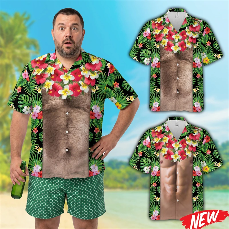 Funny Men's Hairy Chest Pattern Hawaiian Shirt Men 3d Print Muscle Man Body Button Novelty Party Holiday Short Sleeve Top