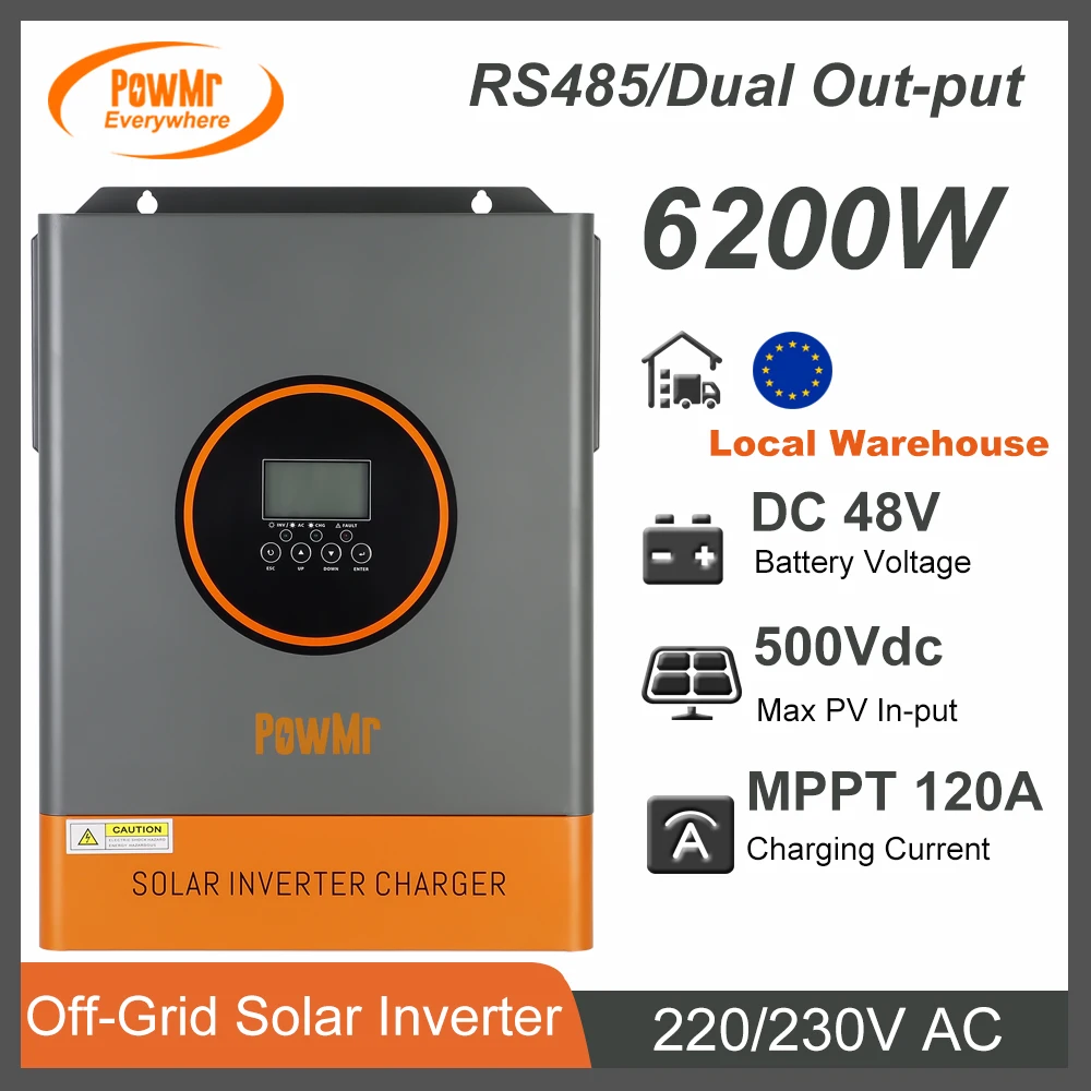 PowMr 6.2KW Solar Hybrid Inverter DC 48V With 120A MPPT Solar Charger Pure Sine Wave Off Grid Inversor RS485 500Vdc Dual Out-Put