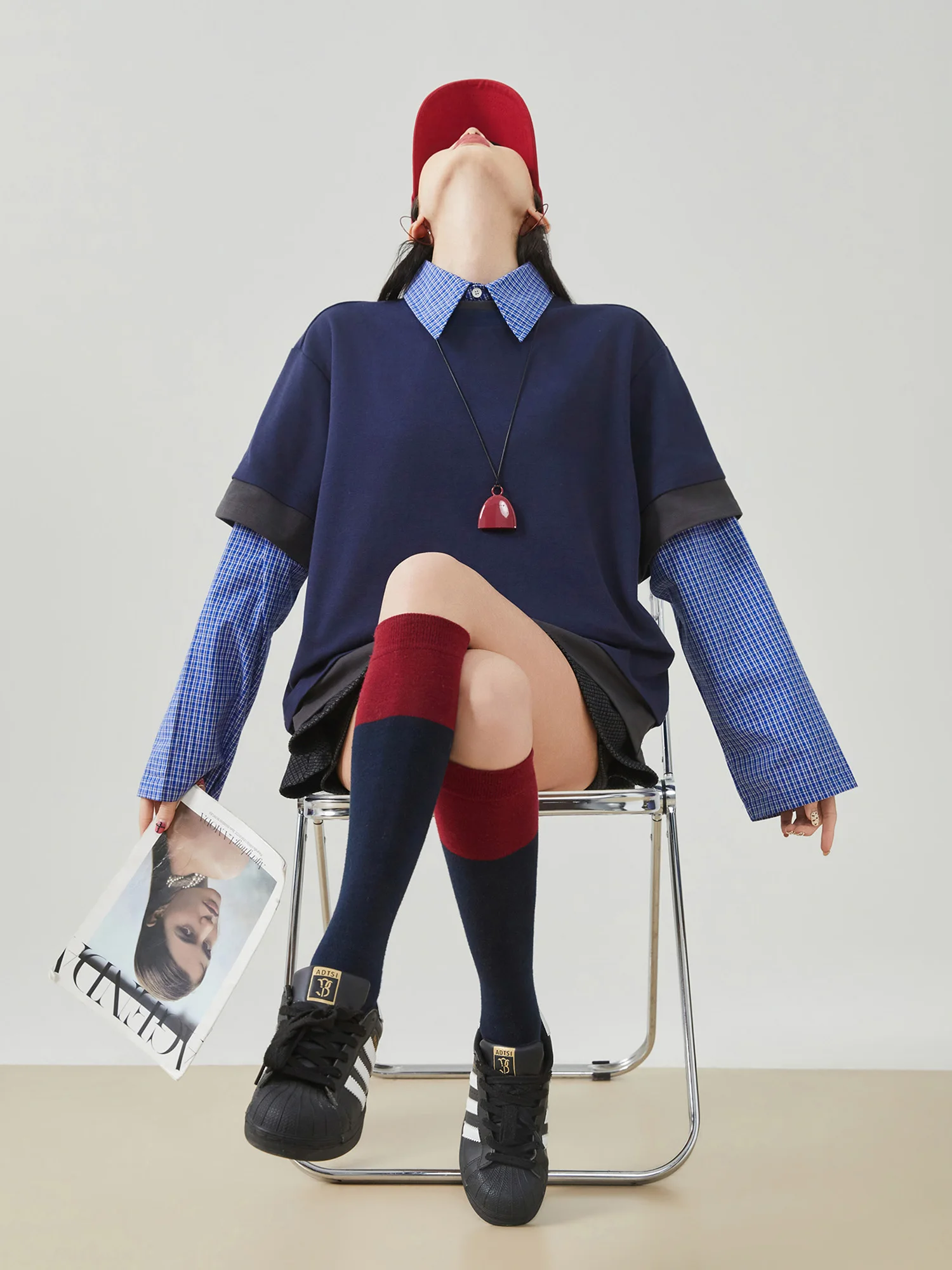 

Свободная женская футболка с длинным рукавом в корейском стиле, повседневная, серия Miu, в студенческом стиле, с имитацией двухслойности и пэчворком на плечах