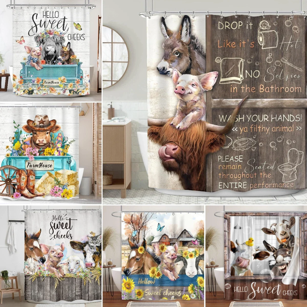 

Забавная занавеска для душа с изображением животных из фермы, ковра, осла, свиньи, растений, деревенская деревянная панель, мультяшная ткань из полиэстера, украшение для ванной комнаты