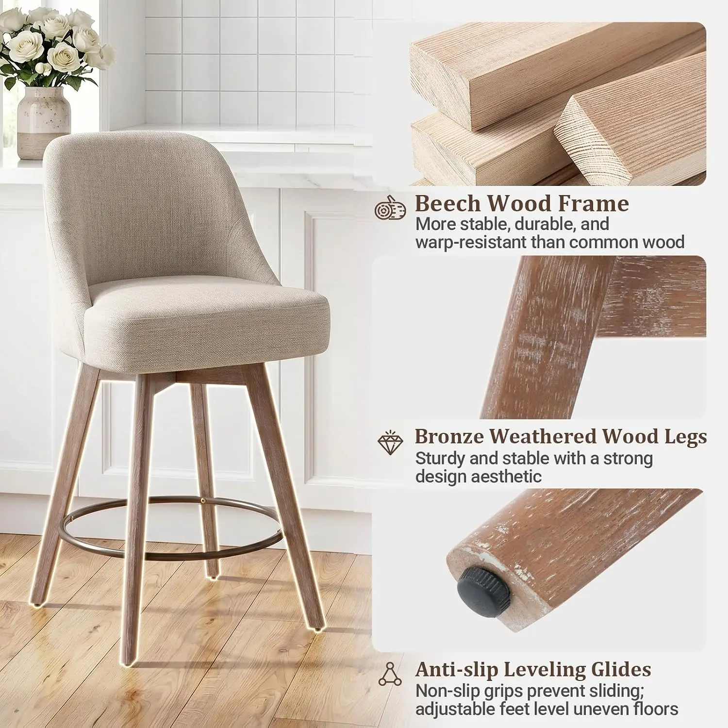 Swivel Bar Stools Set of 3 with Backs & Wood Legs, Linen Counter Height Chairs 26