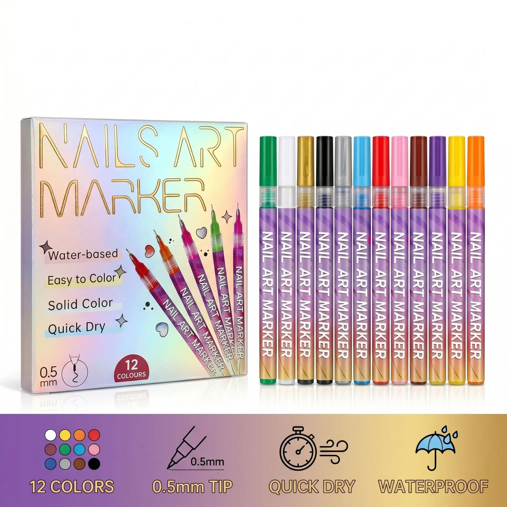 12 Colors Nail Art Pen Set 0.5MM Ultra Fine Tip Liner Acrylic Nail Kit Waterproof Fast Drying for Drawing Design Painting