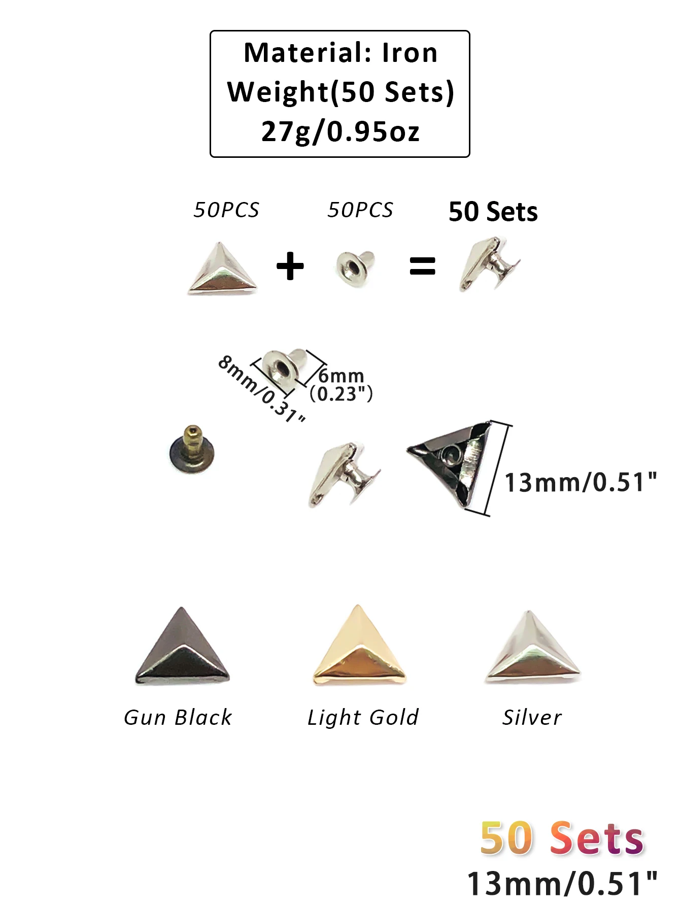50Sets Metal Triangle Shape Decoration Stud Rivets for Belt Clothes Bag Purse Handbag Leather Craft DIY Triangular Embellishment