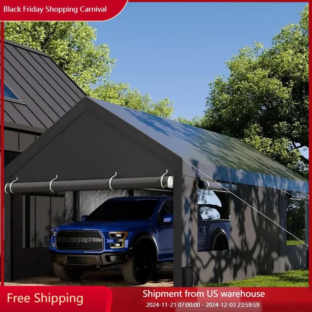 

Carport, 12x20 ft with Roll-up Windows, Portable with Removable Sidewalls& Doors Car Canopy with Sandbags and All-Season Tarp