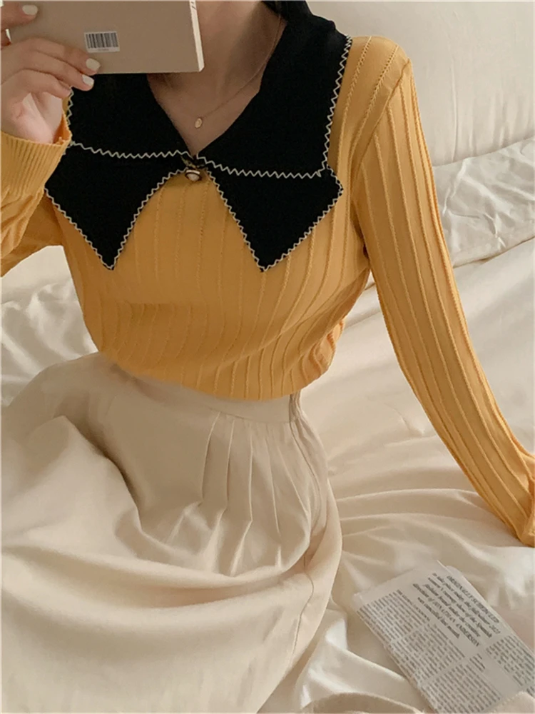 Colorfaith SW5224DG New 2023 Bow Oversized Vintage Pullovers Elegant Lady Wild Korean Fashion Knitted Women Spring Winter Tops