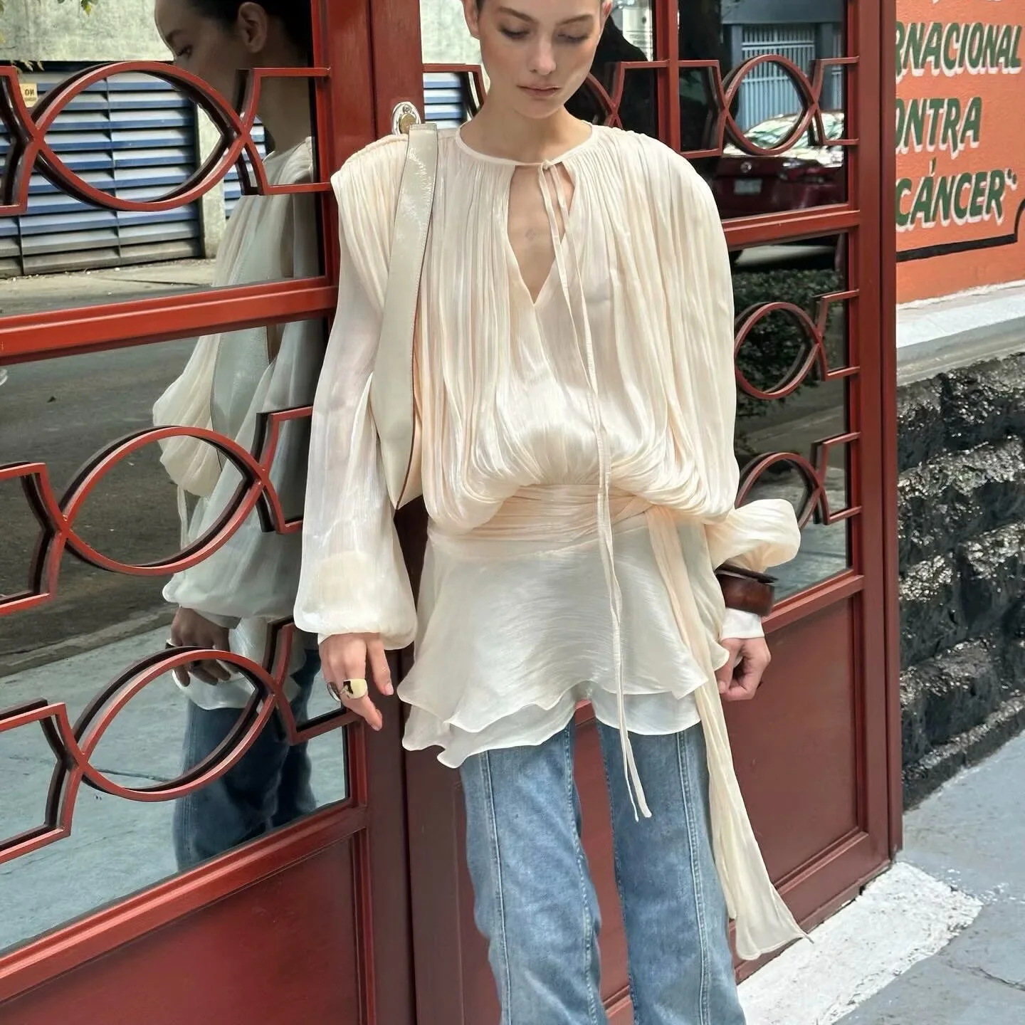 Dress Set Sweet Women Top Elegant Lantern Yarn Dress Women Spring New Short Waist Cinched Irregular Ruffle Edge Tie 9D6O