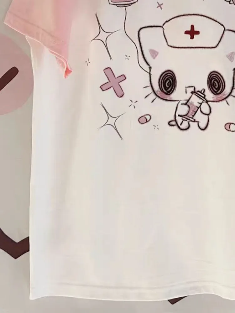 Japanese Kawaii Cartoon Print T-shirt Women Cute Contrast Color Tops Summer Harajuku Patchwork Y2k Aesthetic Grunge Tee Shirts