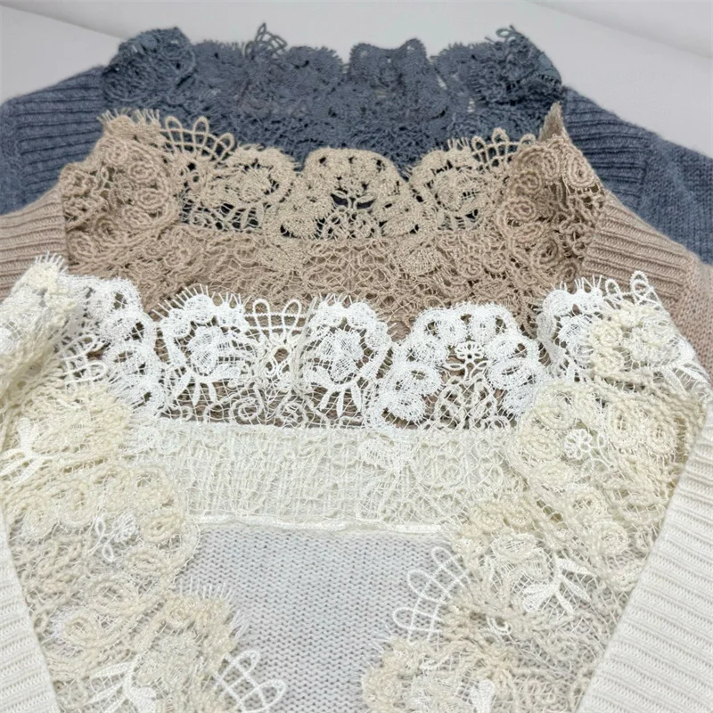 여성용 가디건 2025 겨울 신상 싱글 브레스티드 슬림핏 긴팔 탑 울 혼방 여성 스웨터 레이스 패치워크 니트웨어