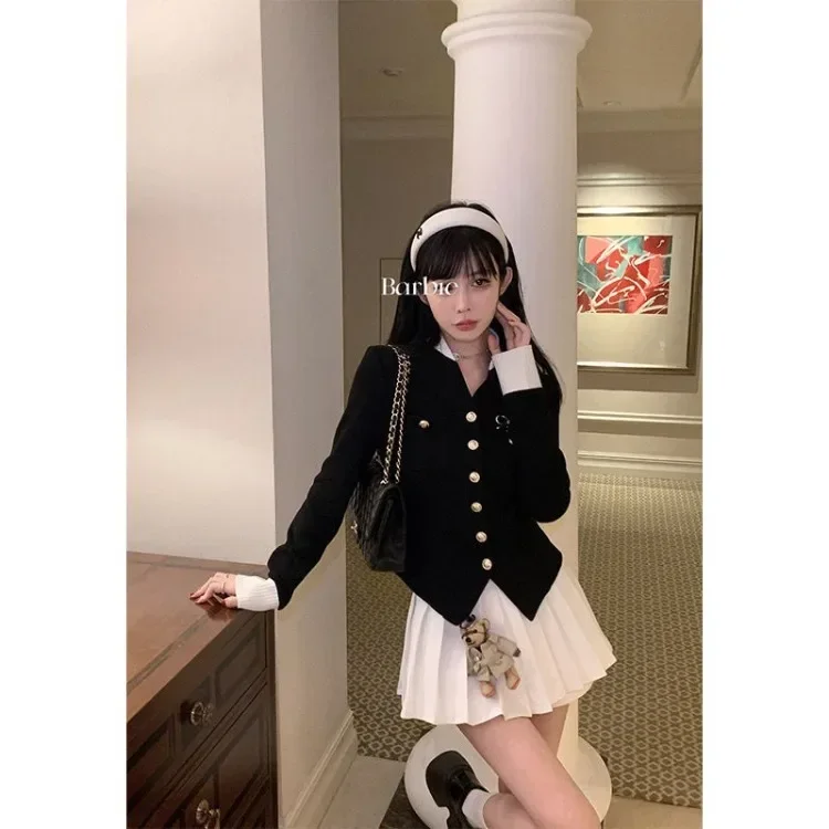 Black Vintage Two Piece Set Women Japanese Short Blazer Coat+mini Skirt Suit Female Casual Korean Fashion Sexy Kawaii  2024