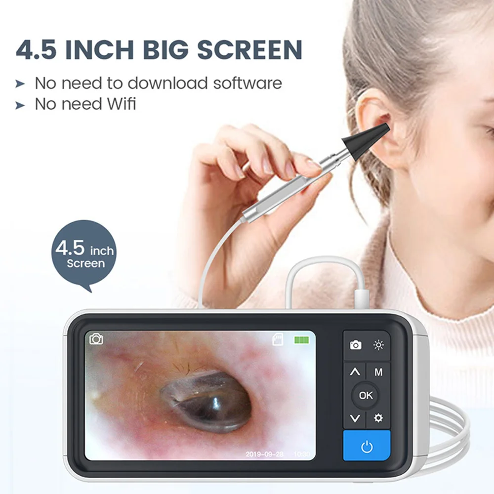 3.9mm Digital Ear Otoscopy 4.5 inch LCD Screen Ear Scope Endoscope 1080P HD Ear Wax Cleaner Otoscope Camera with 2500mAh Battery