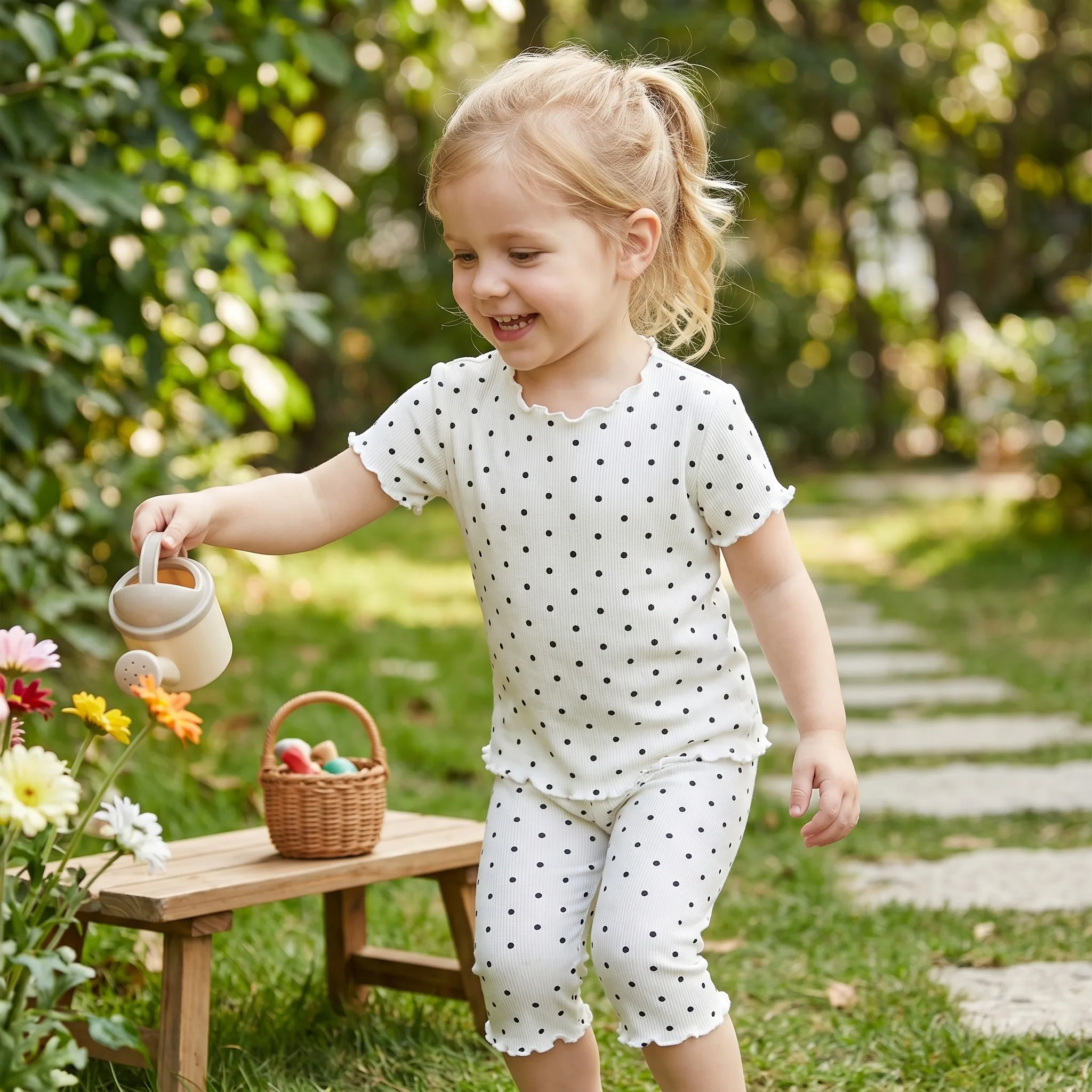 New Summer Pajama Set for Girls: All-Over Polka Dot Print, Versatile and Stylish Loungewear, Two-Piece Children's Underwear Set