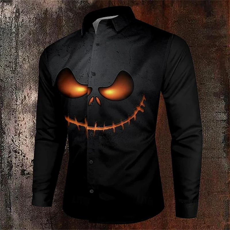 

Autumn/Winter Halloween-themed Men's Ghost Face Pumpkin Print Shirt Halloween Button Shirt Men's Long-sleeved Gothic-style Top