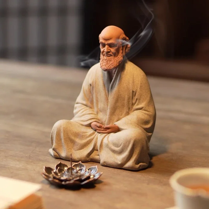 Bodhidharma Zen Purple Sand Buddhism Indian Figure Statues for Decoration Home Living Room Tea Room Ceramic Crafts Handmade