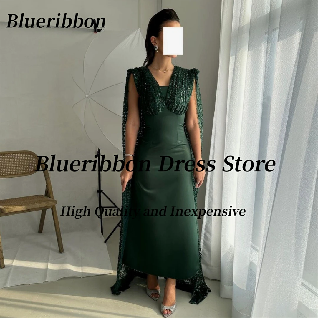 

Blueribbon Dark Green Ankle Length Prom Dresses with Flutters V Neck Evening Dress Zipper Back Special Party Women Wear Vestidos