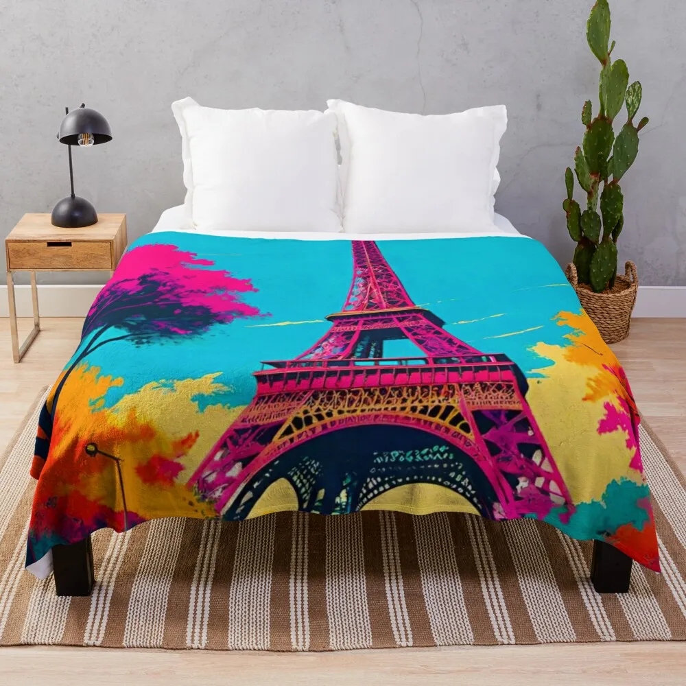 

Pink Radiance: The Eiffel Tower in Vibrant Hue Throw Blanket Cute Soft Beds Blankets