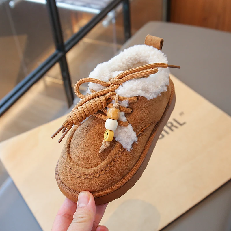 Wintermode für Kleinkinder, Mädchen, Stiefeletten aus Wildleder, warm gefüttert, mit Schnürung, bequem, weich, klobige Stiefel für den täglichen Gebrauch im Freien. – Detail 4