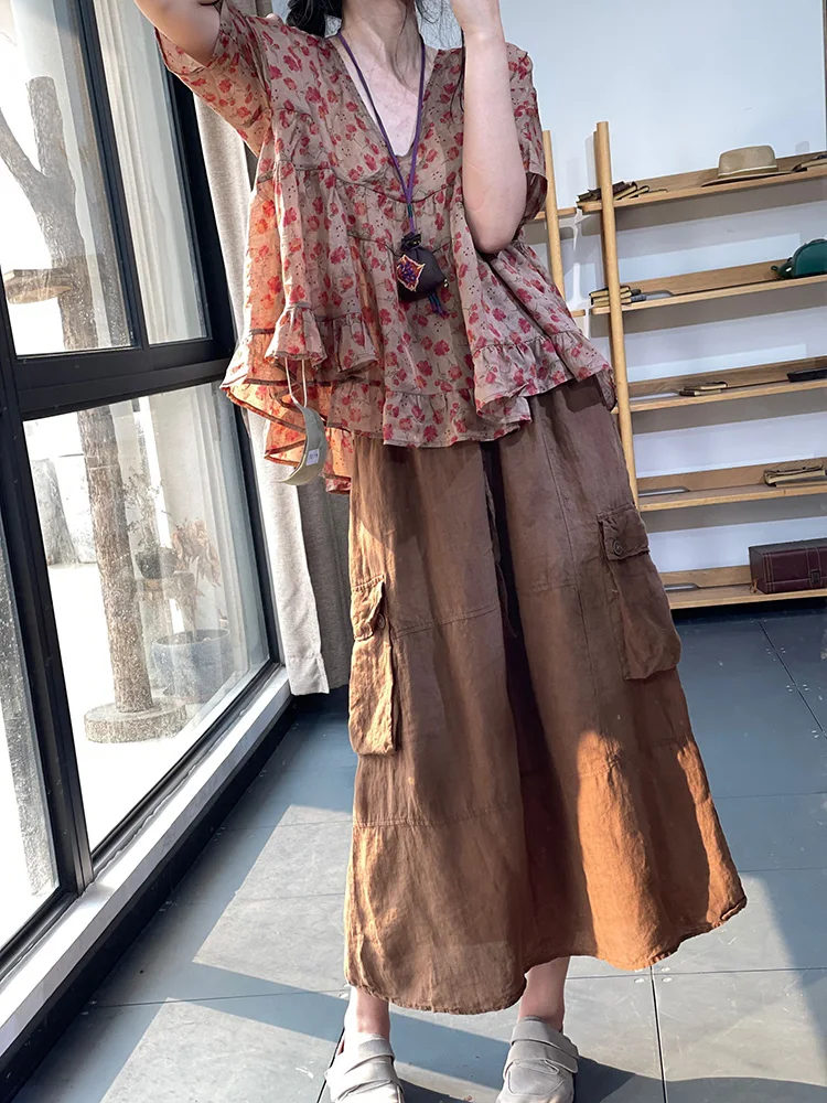 Csa de Aodão e Linho Estilo Coreano, Solta, com Manga Curta, Decote em V, Patchwork Floral, Top de Verão, Parte Superior...